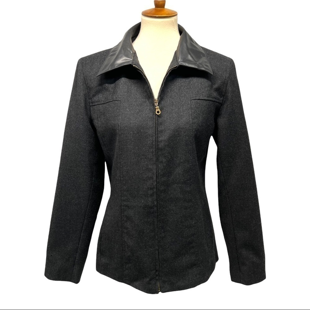 Sandro Wool Black Zip Front Jacket Vegan Leather Trim Classic Blazer Women Med - Picture 11 of 13